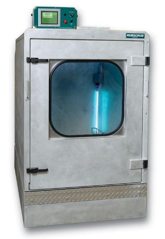 A metal box with front door with a glass window that swings outwards. A small electronic control box is mounted on top.