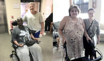 Two images: left side are two men, one seated in a powerchair (African-American man). Right is two women standing, one a senior using a rollator walker. 