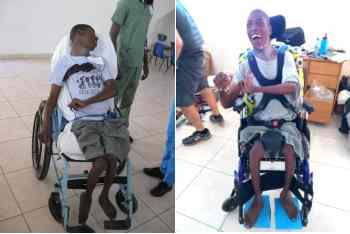 Left: a young man in an ill-fitting chair. Right: the same young man upright with footrests and head support, smiling.