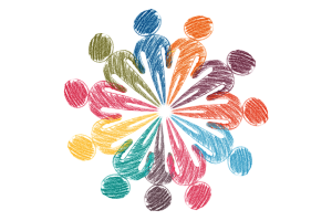 Colorful people figures arranged like a flower.