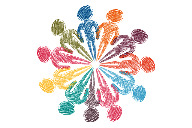 Colorful people figures arranged like a flower.