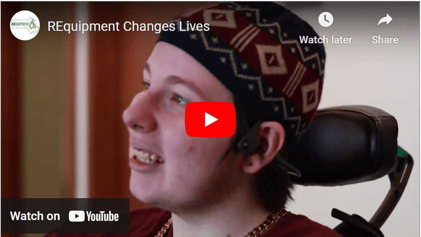 YouTube screenshot shows young person's profile with video title: REquipment Changes Lives.