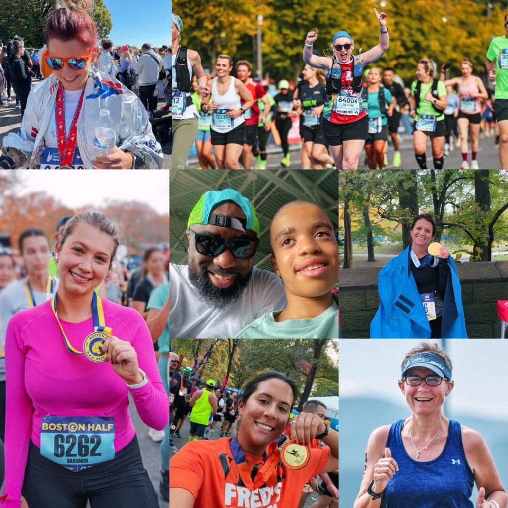 A collage of smiling runners, mostly young women, some holding medals or racing; in the center is a Black man with his disabled son.